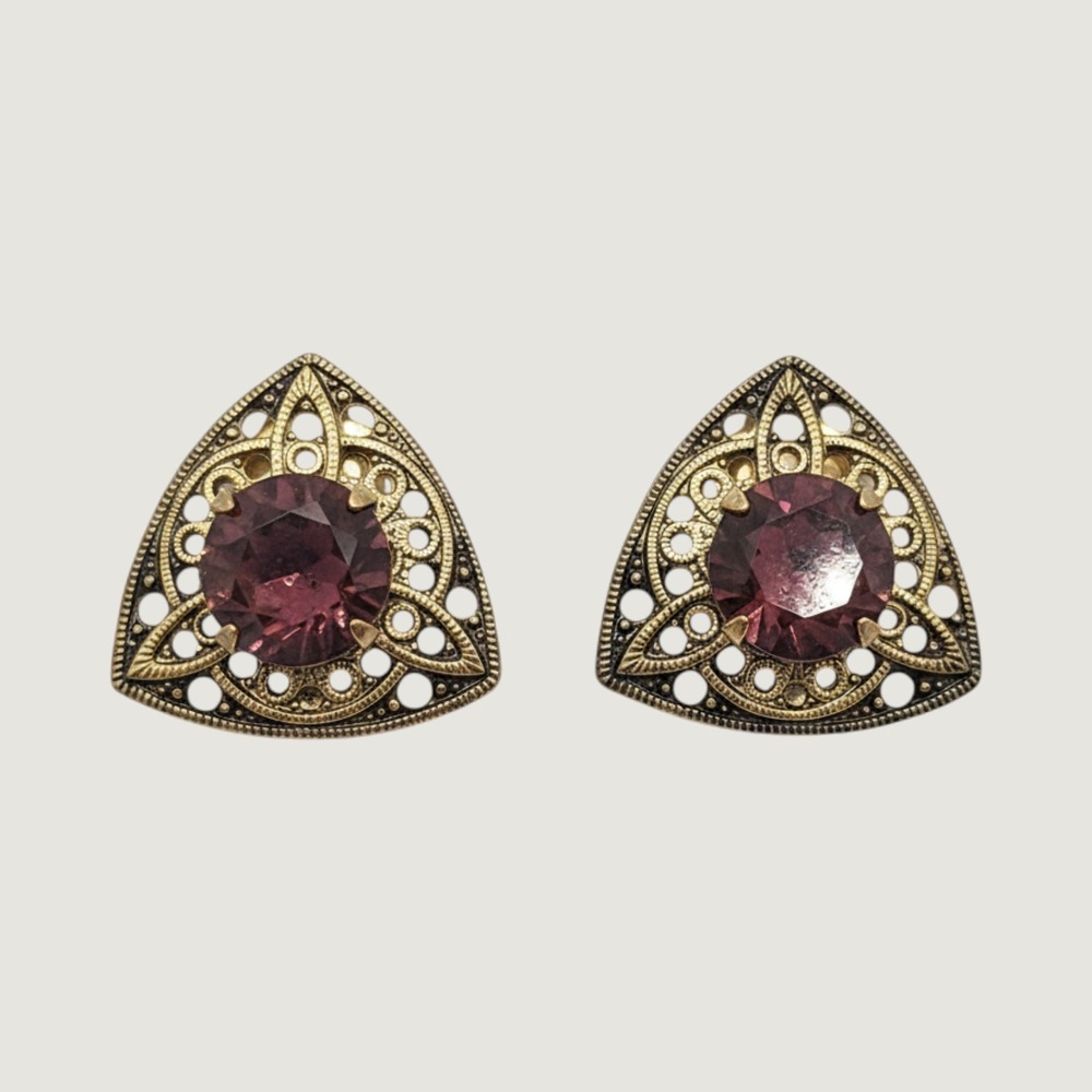 Vintage Edwardian Revival Clip On Earrings Gold Burgundy Crystal Filigree